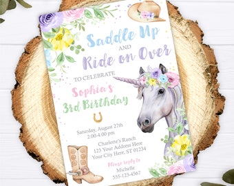 Unicorn Horse Birthday Invitation, Editable Horse Invitation Template, Printable Unicorn Horse Birthday Party Invitations, Pastel Rainbow