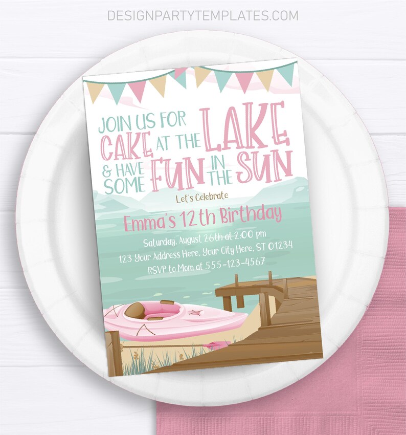 Lake Birthday Invitation: Editable Summer Camp, Kayak Party (5x7 ...
