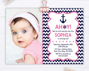 Nautical Birthday Invitation, Editable Nautical Invitation Template, Printable Girl Nautical Birthday Party Invite, Anchor Invitations