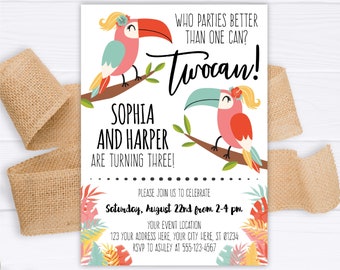 Toucan Birthday Invitation, Editable Twocan Invitation Template, Siblings, Sisters Birthday Party, Tropical, Luau, 2nd Birthday