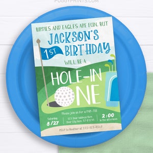 Hole in One Birthday Invitation, Editable Golf First Birthday Invitation Template, Printable Hole in One Invite, Boy 1st Birthday Party