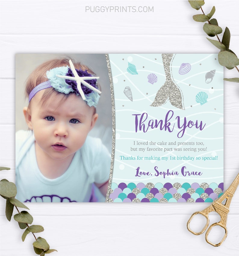 Editable Template Online Mermaid Birthday Thank You Card with Photo Instant Download