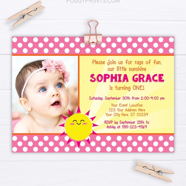 Sunshine Birthday Invitation, Editable Sunshine Invitation Template with Photo, Sun Birthday Party, Girl's First Birthday, Instant Download