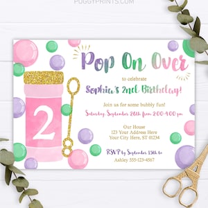 Bubble Birthday Invitation, Editable Bubble Invitation Template, Pop On Over, Bubble Party Invitations, Bubbles Birthday, Girls Summer Party