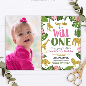 Wild One Birthday Invitation Girl, Safari Invitation, Jungle First Birthday Invite, Safari Gold Invitation, Wild Invitation, Jungle Animals,