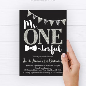 Mr. ONEderful Birthday Invitation, Editable Mr. ONEderful Invitation Template, Printable Boy&#39;s First Birthday Invite, Black and Silver