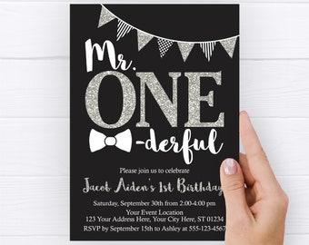 Mr. ONEderful Birthday Invitation, Editable Mr. ONEderful Invitation Template, Printable Boy's First Birthday Invite, Black and Silver