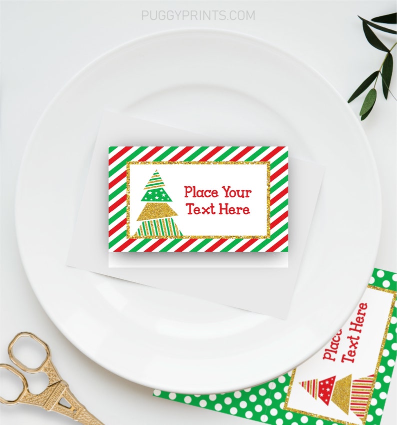 Christmas Party Place Cards, Editable Christmas Tent Card Template, Printable Christmas Tree Holiday Food Labels, Xmas Name Place Cards image 3