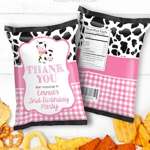 Editable Cow Chip Bags, Cow Birthday Party Decorations, Girl Farm Party Favors, Printable Chip Bag, Barnyard Cow Favor Bags, CWP image 1