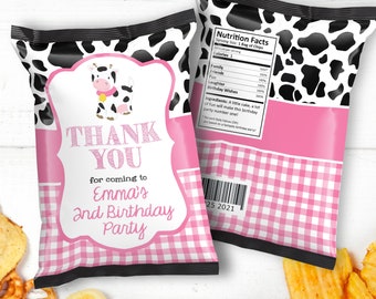 Editable Cow Chip Bags, Cow Birthday Party Decorations, Girl Farm Party Favors, Printable Chip Bag, Barnyard Cow Favor Bags, CWP