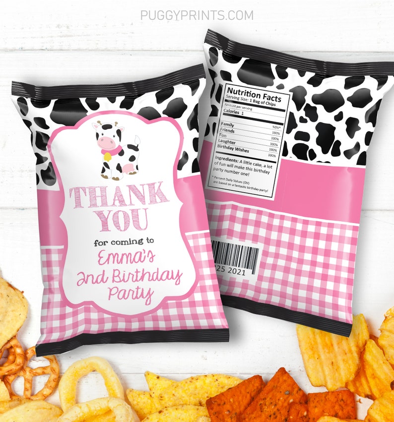 Editable Cow Chip Bags, Cow Birthday Party Decorations, Girl Farm Party Favors, Printable Chip Bag, Barnyard Cow Favor Bags, CWP image 1