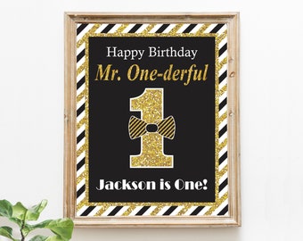 Mr. ONEderful Birthday Party Sign, Editable Mr. ONEderful Happy Birthday Sign, Boys First Birthday Sign, Black and Gold, Little Man Bow Tie