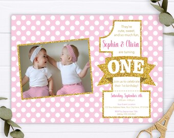 Pink and Gold Twins First Birthday Invitation with Photo | Editable Template Online | Instant Download