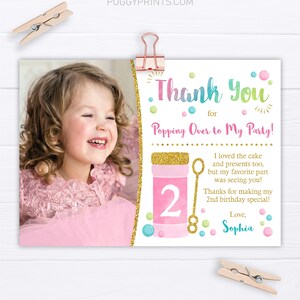 Bubble Birthday Thank You Card, Editable Bubble Thank You Card Template with Photo, Bubble Party Thank You Notes, Pink and Gold Popping Over image 2
