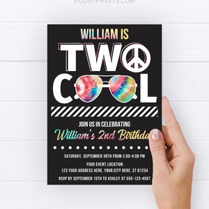 Two Cool Birthday Invitation, Editable Two Cool Invitation Template, Tie Dye Sunglasses Invite, Boy 2nd Birthday Party, Peace Two Cool TOP image 1