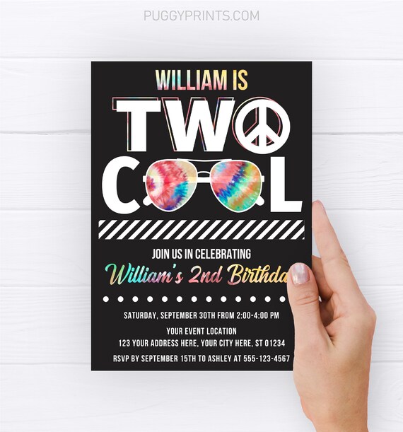 Two Cool Birthday Invitation, Editable Two Cool Invitation Template, Tie Dye Sunglasses Invite, Boy 2nd Birthday Party, Peace Two Cool TOP Il_570xn