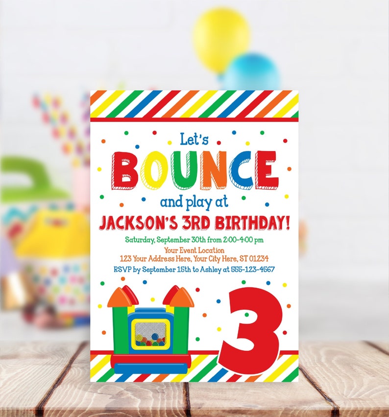 Bounce House Birthday Invitation, Editable Bouncy House Party Invitation Template, Kids Birthday Invitations, Play Jump Party Invites image 1