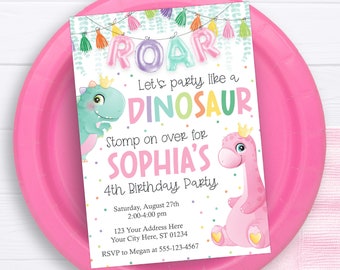 Girl Dinosaur Invitation, Editable Dinosaur Birthday Invitation Template, Printable Dinosaur Invitations, Pink Dinosaur Party Invite