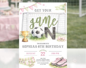 Game On Soccer Birthday Invitation Girl, Soccer Party Invite Girl, Sports Birthday Invitation, Editable Kids Invite