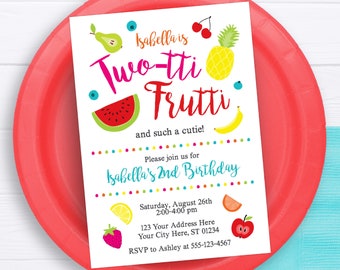 Twotti Frutti Birthday Invitation, Editable Two-tti Frutti Invitation Template, Printable Tutti Frutti 2nd Birthday Invitations, Fruity