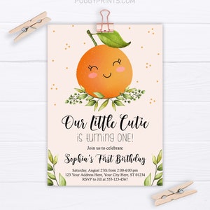 Little Cutie Birthday Invitation, Editable Orange Birthday Party Invitation Template, Printable Clementine Citrus Invitations, Download