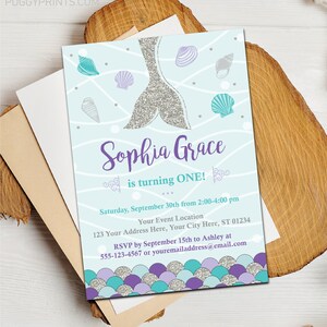 Mermaid Birthday Invitation, Editable Mermaid Invitation Template, Mermaid Tail Scales, Silver Glitter, Under the Sea, Printable Invitation
