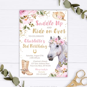 Horse Birthday Invitation, Editable Horse Invitation Template, Printable Cowgirl Birthday Party Invitations, Floral Invite, Instant Download