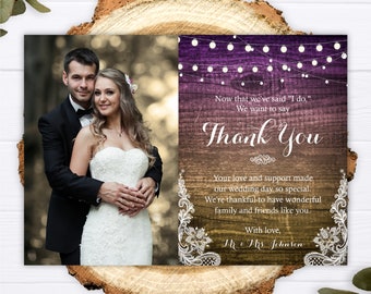 Rustic Wedding Thank You Card, Editable Wedding Thank You Card Template, Printable Purple Rustic Lace Thank You Notes