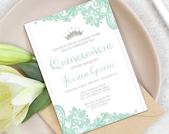 Princess Quinceanera Invitation, Editable Quinceañera Invitation Template, Printable Elegant Quinceanera, Mis Quince, Green and Silver