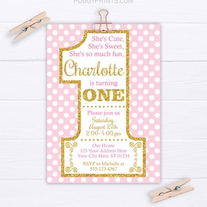 Pink and Gold First Birthday Invitation, Editable 1st Birthday Invitation Template, Printable Girl Birthday Party invitations, Polka Dots image 2