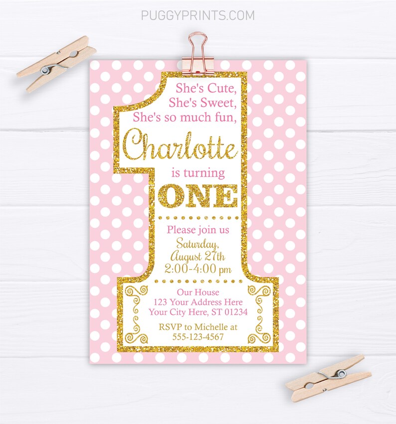Pink and Gold First Birthday Invitation, Editable 1st Birthday Invitation Template, Printable Girl Birthday Party invitations, Polka Dots image 2