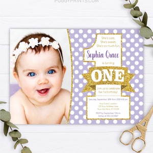 Purple and Gold 1st Birthday Invitation, Editable First Birthday Invitation Template, Printable 1st Birthday Party Invitation, Girl Birthday