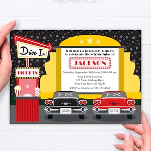 Drive In Movie Party Invitation, Editable Drive-In Birthday Invitations, Outdoor Movie Night, Teen Birthday, Car Birthday