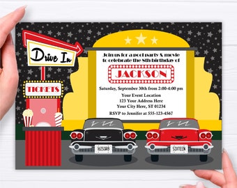 Drive In Movie Party Invitation, Editable Drive-In Birthday Invitations, Outdoor Movie Night, Teen Birthday, Car Birthday