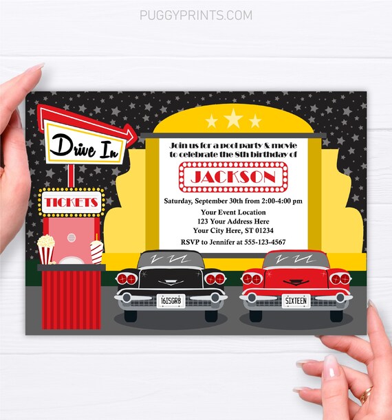 Drive In Movie Party Invitation, Editable Drive-In Birthday Invitations, Outdoor Movie Night, Teen Birthday, Car Birthday Il_570xn
