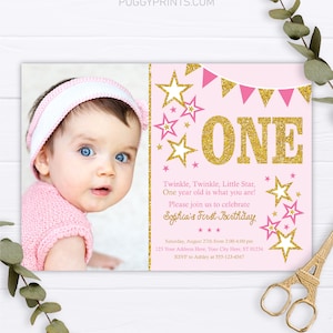 Twinkle Twinkle Little Star Birthday Invitation, Editable Twinkle Little Star Invitation Template, Printable Pink and Gold First Birthday image 1