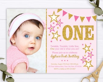 Twinkle Twinkle Little Star Birthday Invitation, Editable Twinkle Little Star Invitation Template, Printable Pink and Gold First Birthday