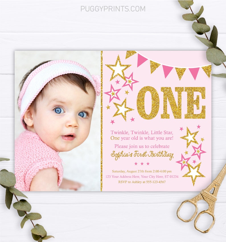 Twinkle Twinkle Little Star Birthday Invitation, Editable Twinkle Little Star Invitation Template, Printable Pink and Gold First Birthday image 1