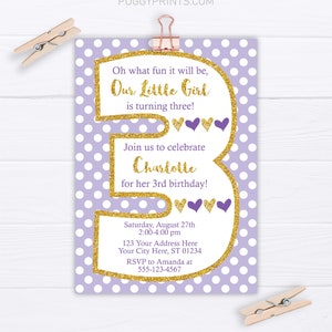 Purple and Gold Third Birthday Invitation, Editable 3rd Birthday Invitation Template, Printable Girl Birthday Party Invitations, Hearts