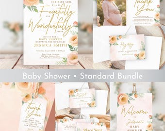 Paquete estándar para baby shower: invitación editable, pancarta, etiquetas de recuerdo, tarjetas de lugar y letrero de bienvenida.