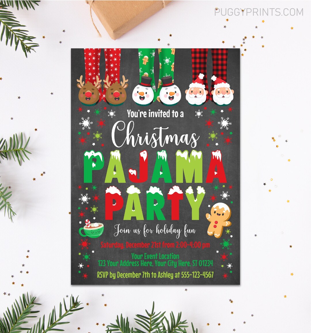 Christmas Pajama Party Invitation, Editable Holiday Pajama Party, Christmas Party Sleepover