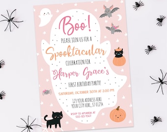 Halloween Birthday Invitation, Editable Halloween Invitation Template, Printable Ghost Boo-thday Invitations, Pink Halloween Invite