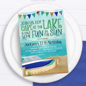 Lake Birthday Invitation, Editable Lake Invitation Template, Printable Speed Boat Party Invite, Summer Camping and Fishing Birthday