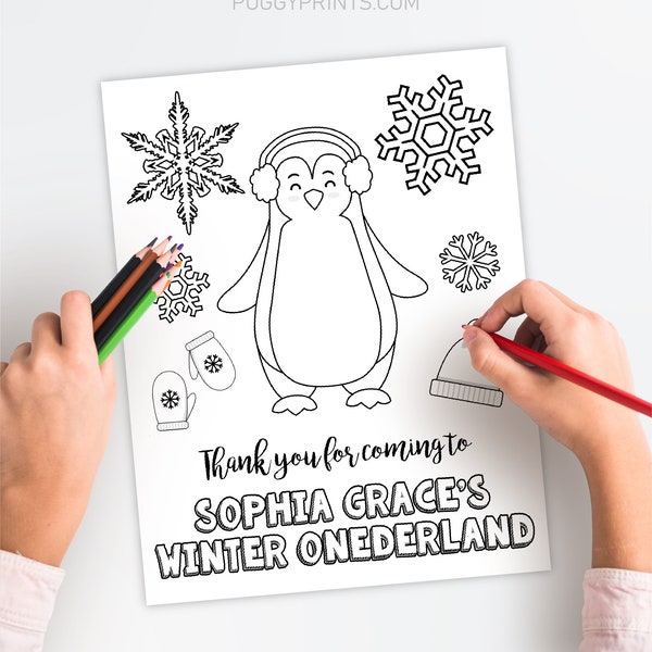 Winter ONEderland Birthday Coloring Page, Editable Penguin Coloring Sheet Template, Printable Winter Wonderland Birthday Party Activity Game