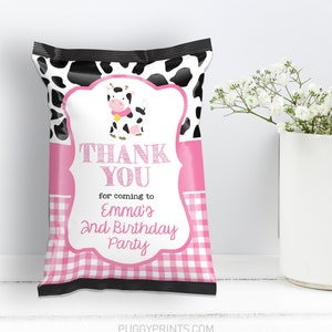 Editable Cow Chip Bags, Cow Birthday Party Decorations, Girl Farm Party Favors, Printable Chip Bag, Barnyard Cow Favor Bags, CWP image 2