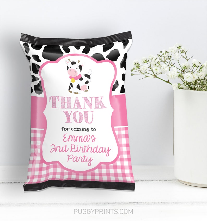 Editable Cow Chip Bags, Cow Birthday Party Decorations, Girl Farm Party Favors, Printable Chip Bag, Barnyard Cow Favor Bags, CWP image 2