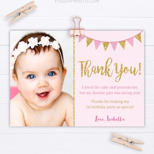 Custom Thank You Cards Wildflower Girl First Birthday Pink and Gold Thank You Note Cards Printable A15