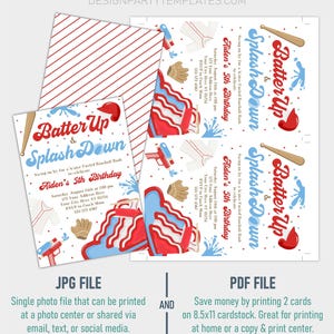 May include: A printable invitation for a baseball-themed birthday party. The invitation features a red, white, and blue baseball bat, a baseball glove, and a water gun. The text on the invitation reads "Batter Up & Splash Down" and "Aiden's 5th Birthday".