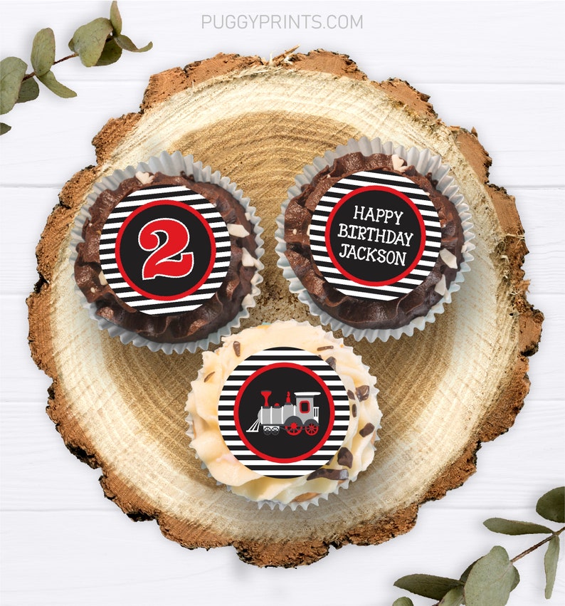 Train Birthday Cupcake Toppers, Editable Train Cupcake Toppers, Printable Train Birthday Party Decorations, Red and Black Train Decor image 3