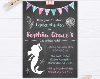 Mermaid Birthday Invitation, Editable Mermaid Invitation Template, Printable Mermaid Party Invite, Chalkboard, Pink Girl's First Birthday